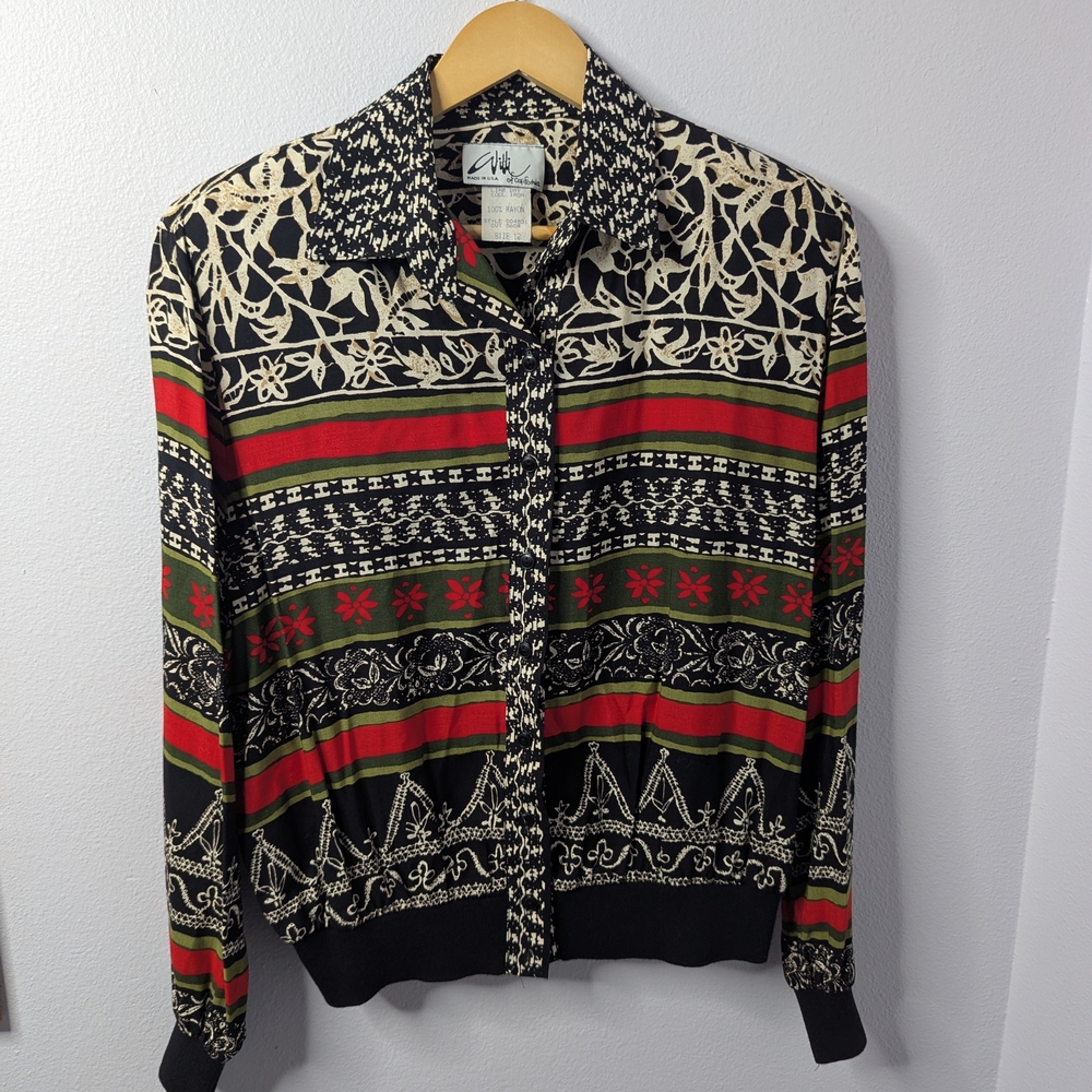 Vintage Willi of California Long-Sleeved Button Shirt, Quirky Print, Size 12